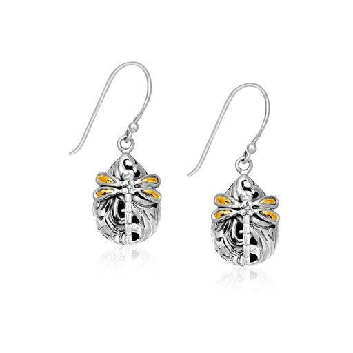 18k Yellow Gold & Sterling Silver Teardrop Dragonfly Earrings Earrings Angelucci Jewelry   