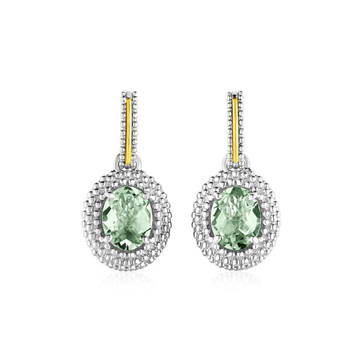 Oval Green Amethyst Earrings in 18k Yellow Gold & Sterling Silver Earrings Angelucci Jewelry   