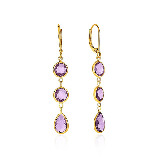 Drop Earrings with Round and Pear-Shaped Amethysts in 14k Yellow Gold Earrings Angelucci Jewelry   