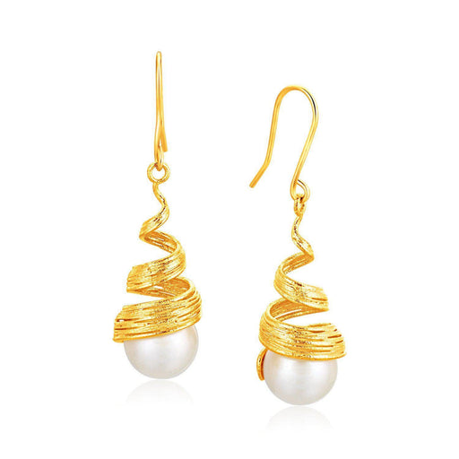 Italian Design 14k Yellow Gold Filament Spiral Earrings with Cultured Pearl Earrings Angelucci Jewelry   