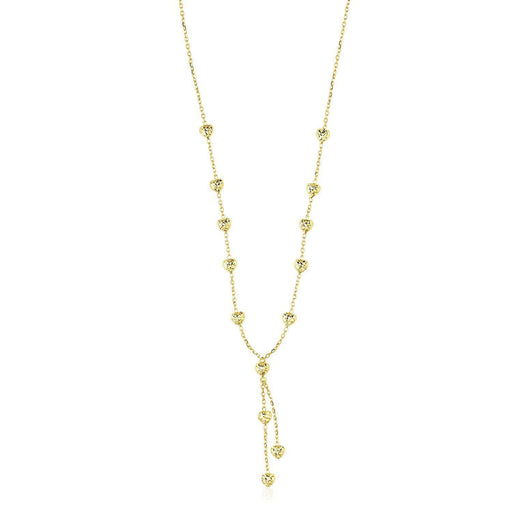 14k Yellow Gold Puffed Heart Station Diamond Cut Lariat Style Necklace Necklaces Angelucci Jewelry   