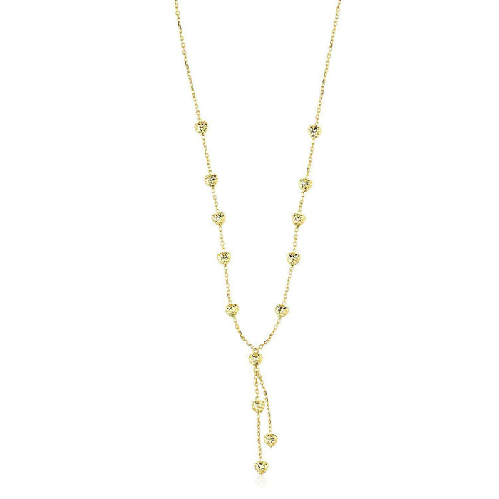 14k Yellow Gold Puffed Heart Station Diamond Cut Lariat Style Necklace Necklaces Angelucci Jewelry   