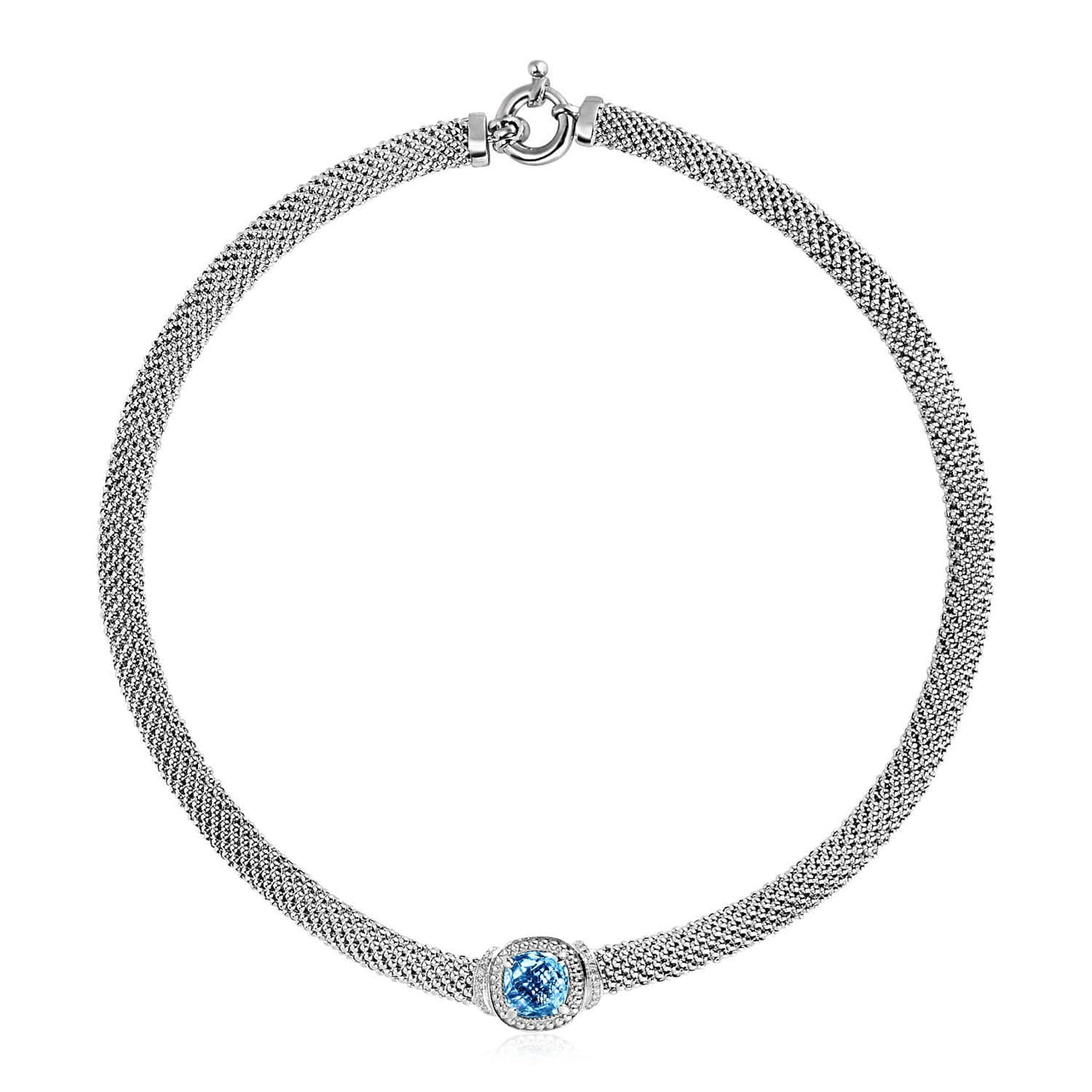 Popcorn Texture Necklace with Blue Topaz and Diamonds in Sterling Silver Necklaces Angelucci Jewelry   