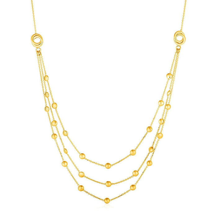 Station Necklace with Three Chains and Love Knots in 14k Yellow Gold Necklaces Angelucci Jewelry   