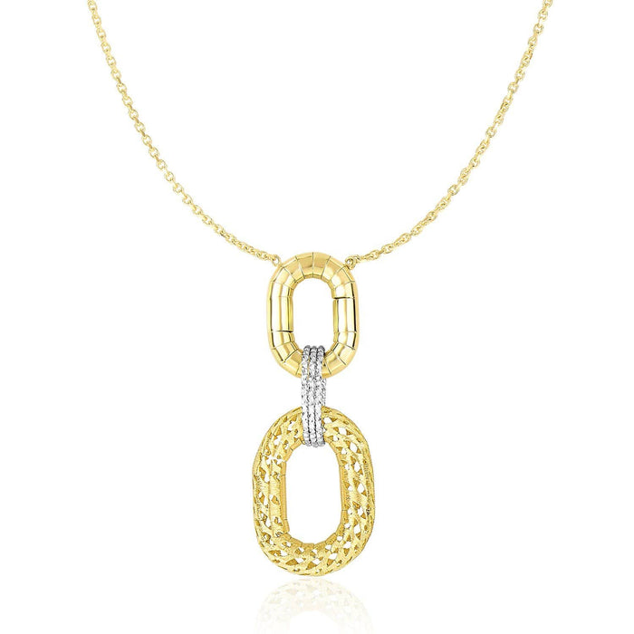 14k Two-Tone Gold Necklace with Textured Oval Pendant Necklaces Angelucci Jewelry   