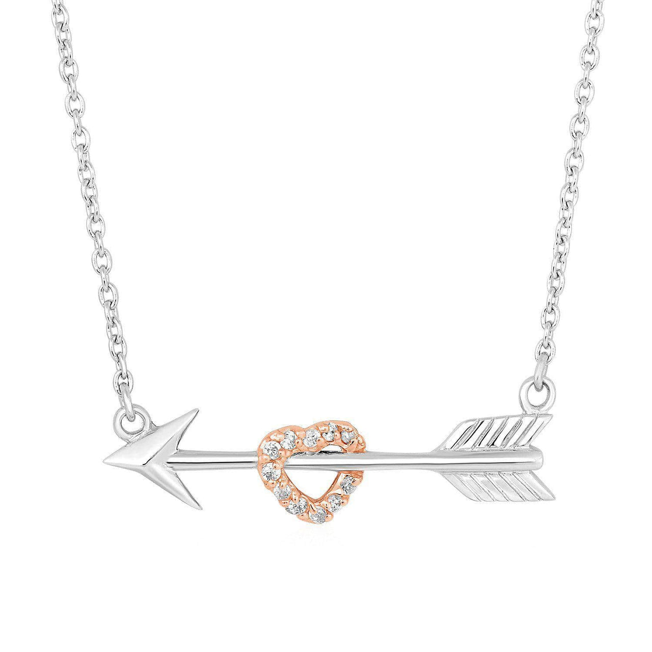 Arrow Necklace with Rose Finish Heart and Cubic Zirconia in Sterling Silver Necklaces Angelucci Jewelry   