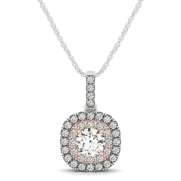 14k White And Rose Gold Cushion Shape Halo Diamond Pendant (1/2 cttw)