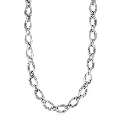 Polished and Textured Oval Link Necklace in Sterling Silver Necklaces Angelucci Jewelry   