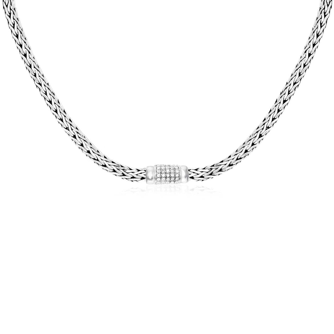 Sterling Silver Woven Necklace with White Sapphire Accents Necklaces Angelucci Jewelry   