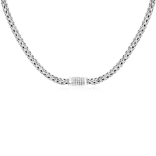 Sterling Silver Woven Necklace with White Sapphire Accents Necklaces Angelucci Jewelry   