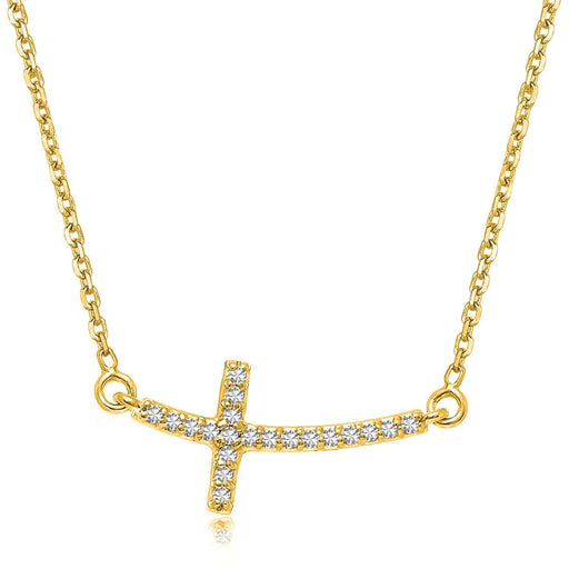 14k Yellow Gold Diamond Accented Curved Cross Necklace (.11cttw) Necklaces Angelucci Jewelry   