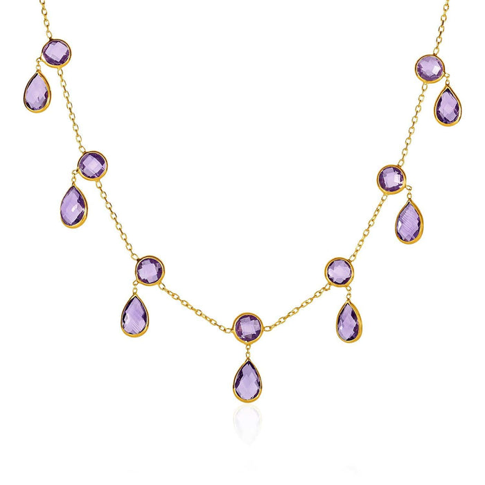 14k Yellow Gold Necklace with Round and Pear-Shaped Amethysts Necklaces Angelucci Jewelry   