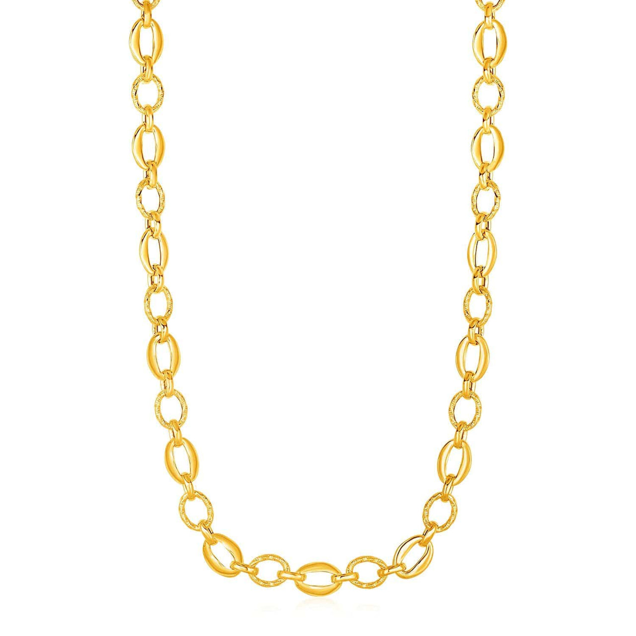 Shiny and Textured Oval Link Necklace in 14k Yellow Gold Necklaces Angelucci Jewelry   