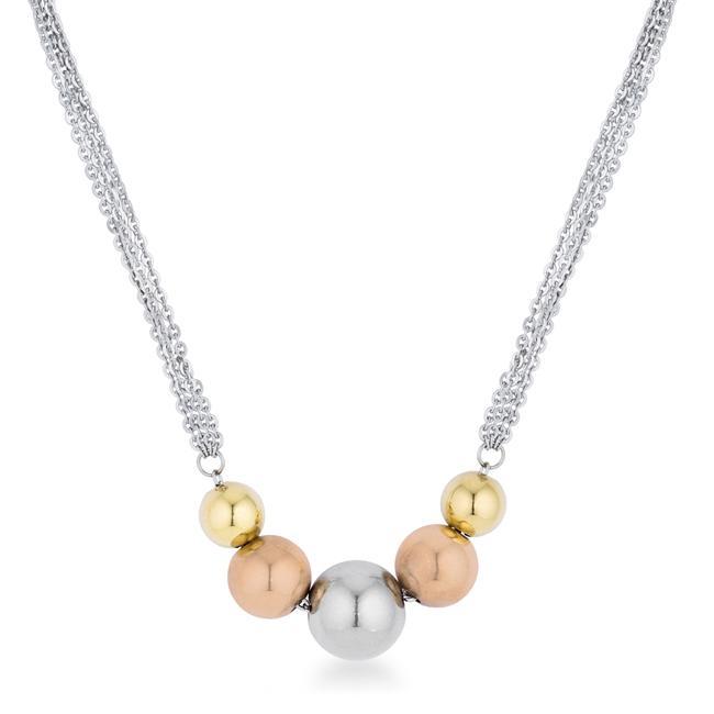 Bella Tri-Tone Stainless Steel Layered Ball Statement Necklace Necklaces JGI   