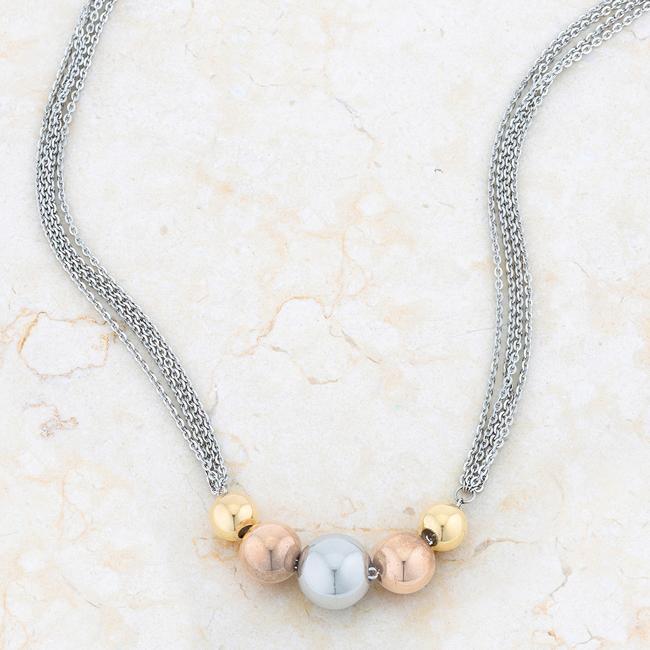 Bella Tri-Tone Stainless Steel Layered Ball Statement Necklace Necklaces JGI   