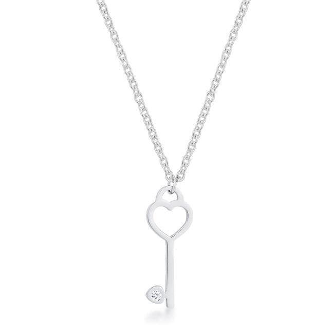 Kina 0.015ct CZ Rhodium Stainless Steel Key Drop Necklace Necklaces JGI   