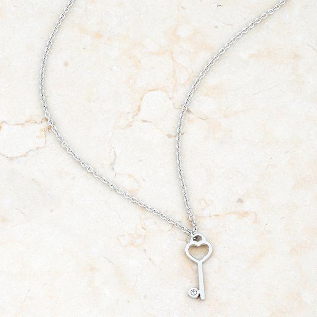 Kina 0.015ct CZ Rhodium Stainless Steel Key Drop Necklace Necklaces JGI   