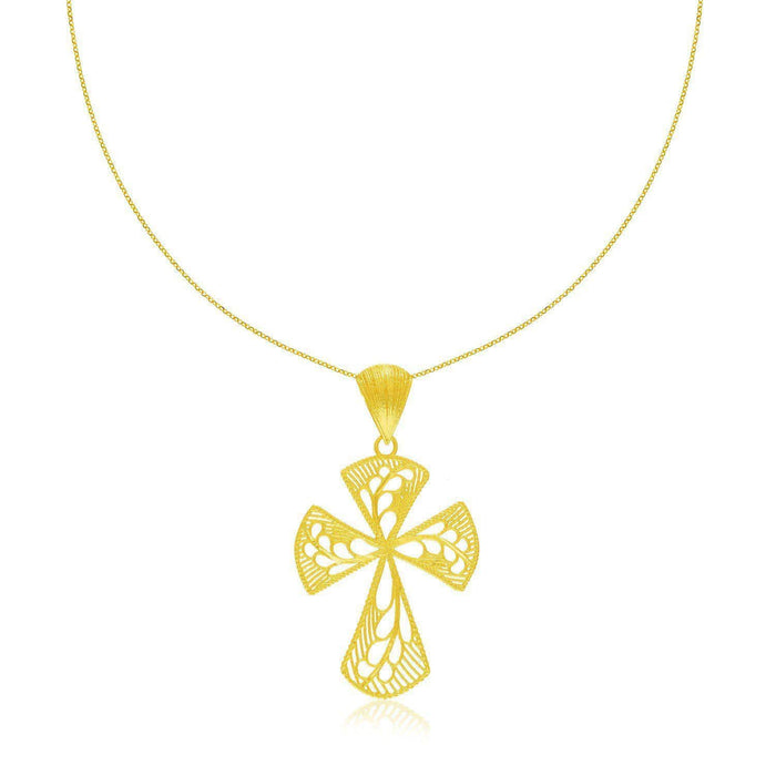 14k Yellow Gold Cross Pendant with Leaf Design Lace Pattern Pendants Angelucci Jewelry   