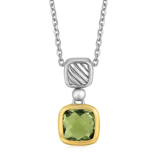18k Yellow Gold and Sterling Silver Necklace with Cushion Green Amethyst Pendant Pendants Angelucci Jewelry   