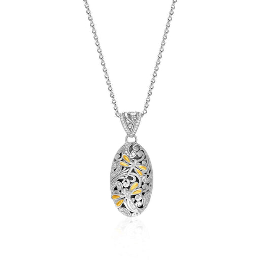 18k Yellow Gold & Sterling Silver Oval Diamond and Dragonfly Pendant Pendants Angelucci Jewelry   