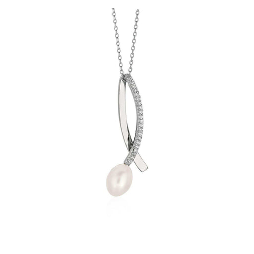 Shiny Twist Pendant with Freshwater Pearl and Cubic Zirconia in Sterling Silver Pendants Angelucci Jewelry   