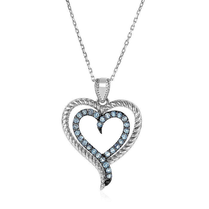 Sterling Silver Double Heart Pendant with Blue Topaz Pendants Angelucci Jewelry   