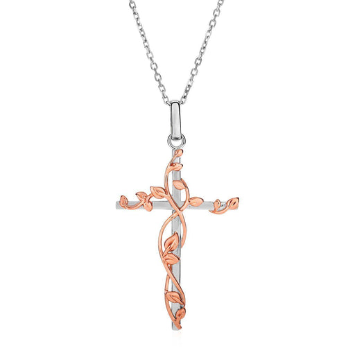 Two Toned Cross with Wrapped Vine Motifs in Sterling Silver Pendants Angelucci Jewelry   