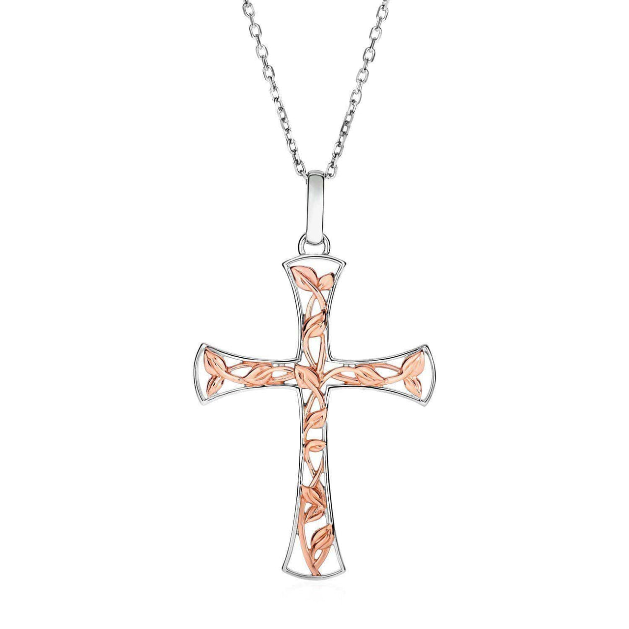 Two Toned Open Cross with Vine Motifs in Sterling Silver Pendants Angelucci Jewelry   