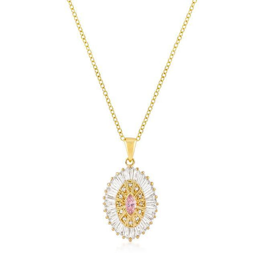 Goldtone Pink and Clear CZ Oval Halo Pendant Pendants JGI   