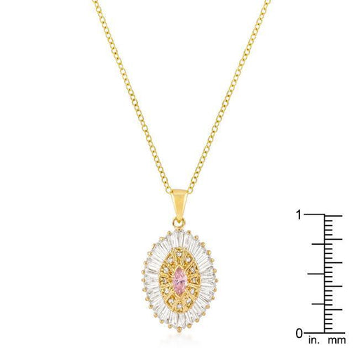 Goldtone Pink and Clear CZ Oval Halo Pendant Pendants JGI   