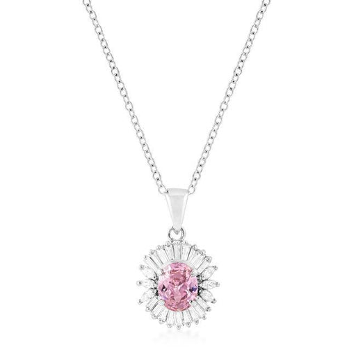 Rhodium Plated Pink CZ Oval Halo Pendant Pendants JGI   