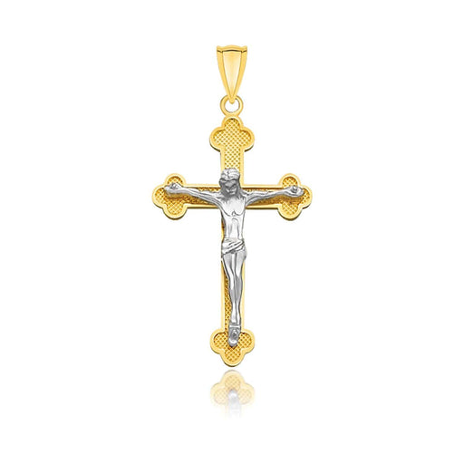 14k Two-Tone Gold Budded Crucifix with Figure Pendant Pendants Angelucci Jewelry   