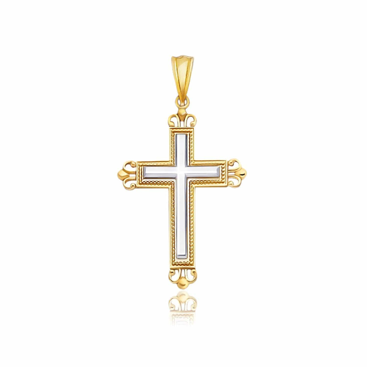 14k Two-Tone Gold Cross Pendant with an Ornate Budded Style Pendants Angelucci Jewelry   