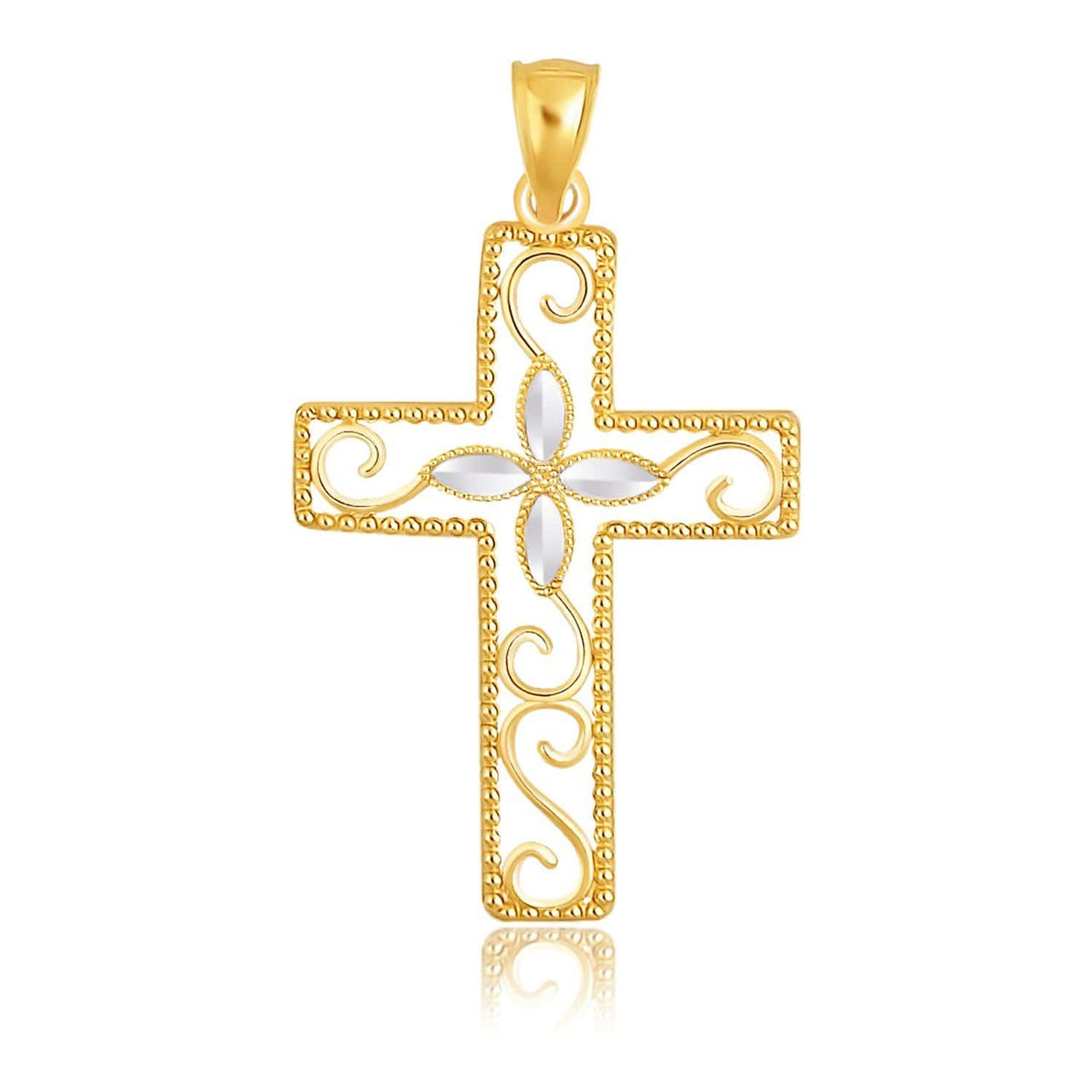 14k Two-Tone Gold Filigree Flower Motif Cross Pendant Pendants Angelucci Jewelry   