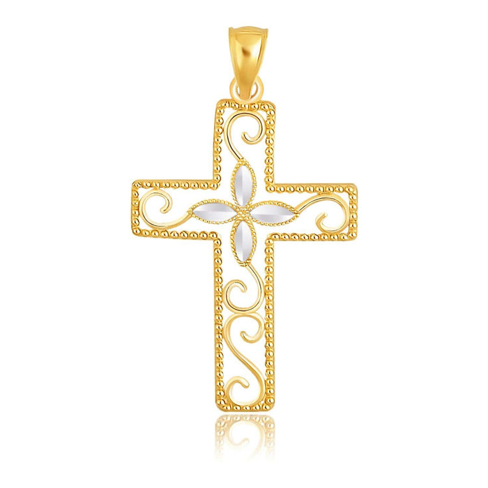14k Two-Tone Gold Filigree Flower Motif Cross Pendant Pendants Angelucci Jewelry   