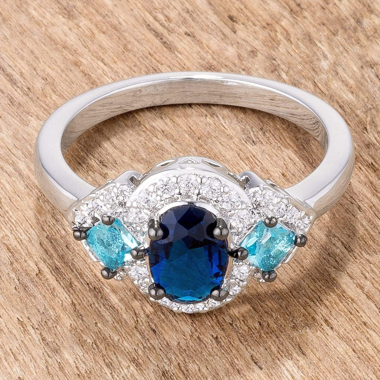 3 Stone Cubic Zirconia Engagement Rings, Hematite Plated, Shades of Blue Rings JGI   