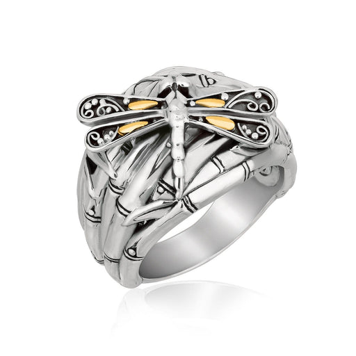 18k Yellow Gold and Sterling Silver Branches and Dragonfly Motif Ring Rings Angelucci Jewelry   