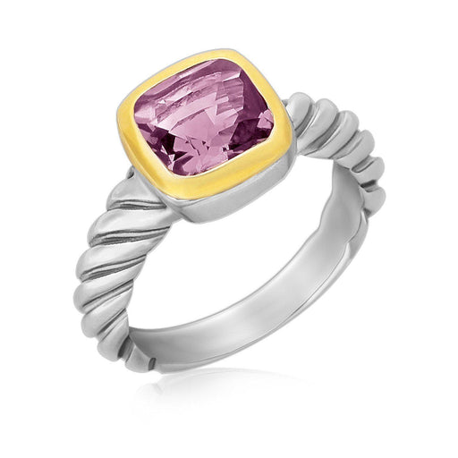 18k Yellow gold and Sterling Silver Cable Shank Ring with a Cushion Amethyst Rings Angelucci Jewelry   