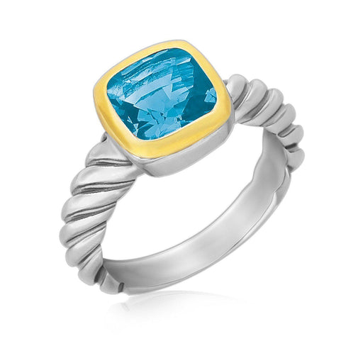 18k Yellow Gold and Sterling Silver Cable Style Ring with a Cushion Blue Topaz Rings Angelucci Jewelry   