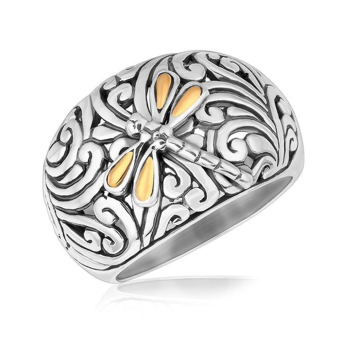 18k Yellow Gold and Sterling Silver Dragonfly Accented Domed Style Ring Rings Angelucci Jewelry   