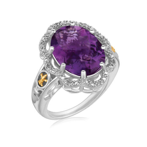18k Yellow Gold and Sterling Silver Fleur De Lis Ring Amethyst and Diamonds Rings Angelucci Jewelry   
