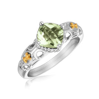Thumbnail for 18k Yellow Gold and Sterling Silver Green Amethyst Fleur De Lis Designed Ring Rings Angelucci Jewelry   