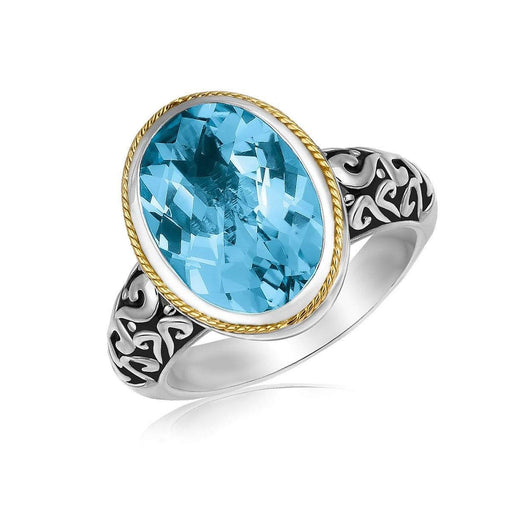 18k Yellow Gold and Sterling Silver Oval Milgrained Blue Topaz Ring Rings Angelucci Jewelry   