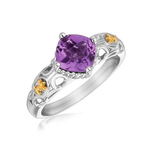 18k Yellow Gold and Sterling Silver Ring with Amethyst and Fleur De Lis Motifs Rings Angelucci Jewelry   