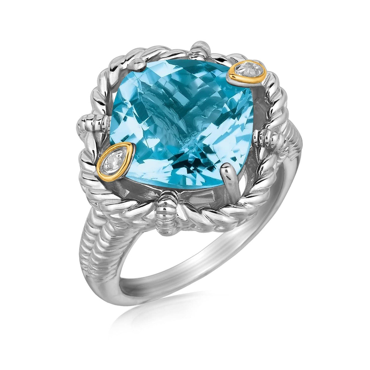 18k Yellow Gold and Sterling Silver Ring with Cushion Blue Topaz and Diamonds Rings Angelucci Jewelry   