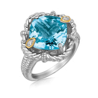 Thumbnail for 18k Yellow Gold and Sterling Silver Ring with Cushion Blue Topaz and Diamonds Rings Angelucci Jewelry   