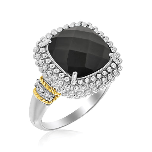 18k Yellow Gold & Sterling Silver Black Onyx and Diamond Popcorn Cushion Ring Rings Angelucci Jewelry   