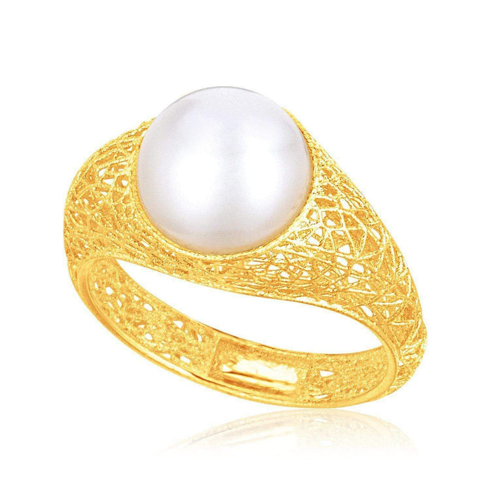 Italian Design 14k Yellow Gold Crochet Ring with Cultured Pearl Rings Angelucci Jewelry   