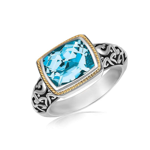 18k Yellow Gold and Sterling Silver Rectangular Blue Topaz Milgrained Ring Rings Angelucci Jewelry   