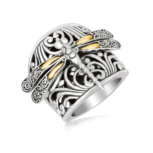 18k Yellow Gold and Sterling Silver Dragonfly and Flourishes Ring Rings Angelucci Jewelry   